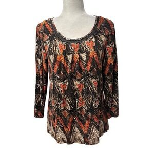 Chicos Women's Size 2 L 3/4 Sleeve Blouse Top Scoop Neck Shirt Stretch Geometric